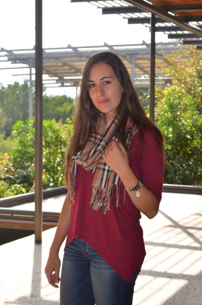 Francesca models the Burberry inspired scarf, burgundy mesh top and matching bracelet.  Ooh, La, La indeed.  