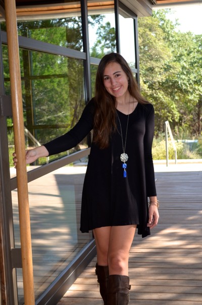 The necklace really pops on the black material of the swing dress.  And so does that smile! 